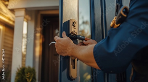 A professional locksmith unlocking a front door in a residential neighborhood. The locksmith is wearing a branded uniform and is using professional to, AI Generative