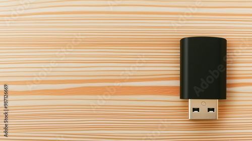 Minimalist Black USB Drive on Wooden Table - Duotone