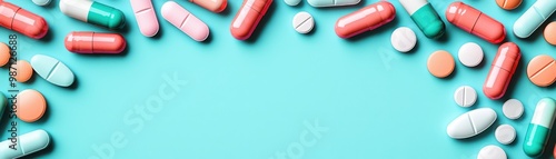 Colorful assortment of medicine capsules and tablets arranged on a teal background, ideal for health and wellness topics.