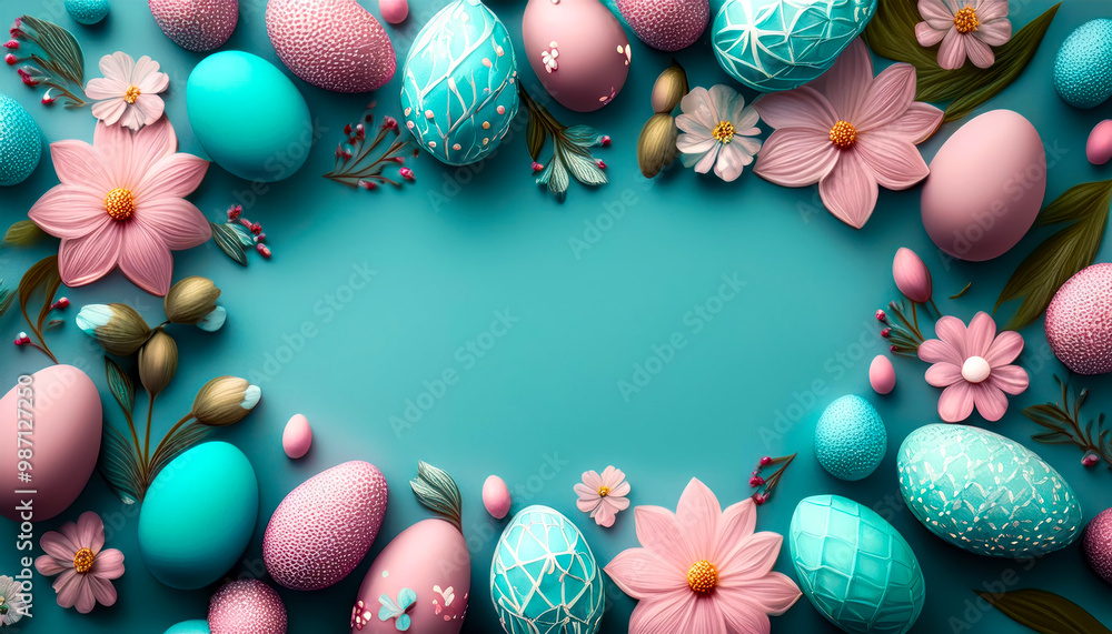 Easter frame with turquoise and pink Easter eggs, with different ornaments and decorations. Easter frame with turquoise and pink Easter eggs, with different ornaments and decorations.