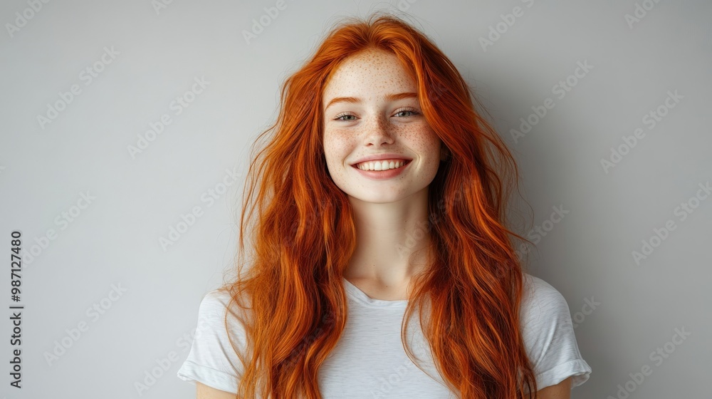 Smiling redhead woman with freckles in casual white t-shirt against gray background Smiling redhead woman with freckles in casual white t-shirt against gray background