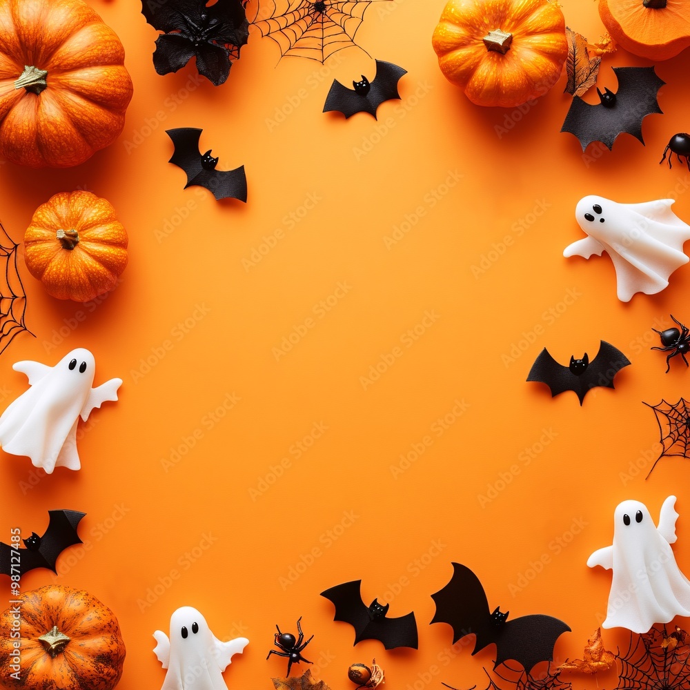 A flat lay of Halloween elements on an orange background. A flat lay of Halloween elements on an orange background.