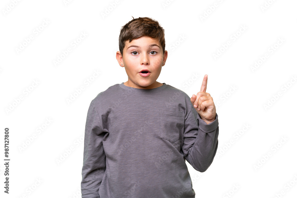 Little caucasian kid over isolated chroma key background intending to realizes the solution while lifting a finger up Little caucasian kid over isolated chroma key background intending to realizes the solution while lifting a finger up