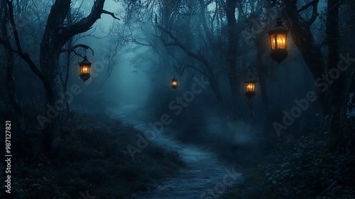Fototapeta Naklejka Na Ścianę i Meble -  Haunted forest trail lit by eerie lanterns, with fog swirling and creepy sounds in the distance.