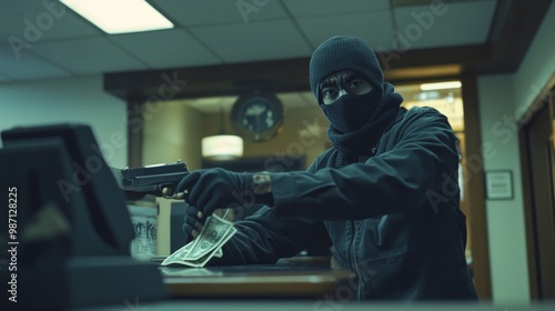A tense bank robbery scene with a single robber wearing a ski mask and dark clothing. The robber is holding a gun, AI Generative
