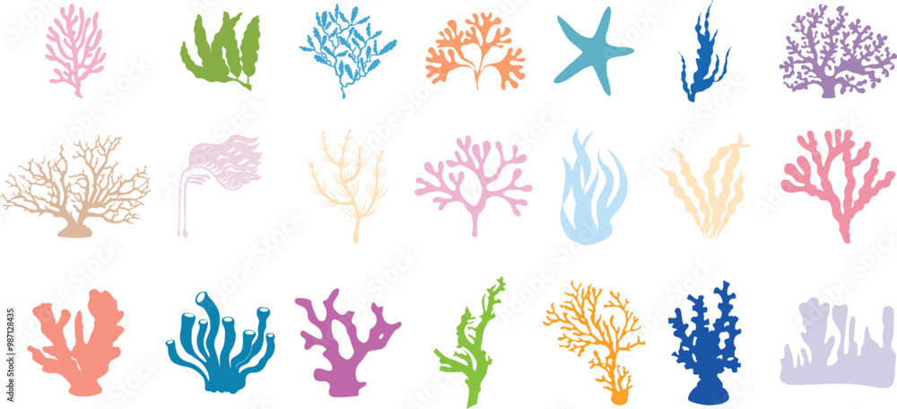Set of flat coral reefs and seaweeds silhouettes. Underwater coral reef, algae and sea kelp in hand drawn doodle style. Marine aquarium plants illustration. Coral icons set Set of flat coral reefs and seaweeds silhouettes. Underwater coral reef, algae and sea kelp in hand drawn doodle style. Marine aquarium plants illustration. Coral icons set