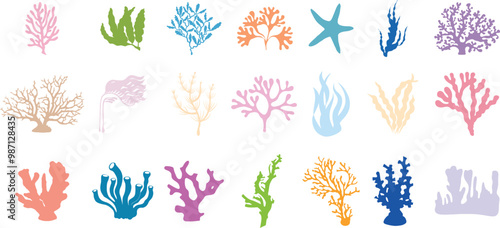Set of flat coral reefs and seaweeds silhouettes. Underwater coral reef, algae and sea kelp in hand drawn doodle style. Marine aquarium plants illustration. Coral icons set