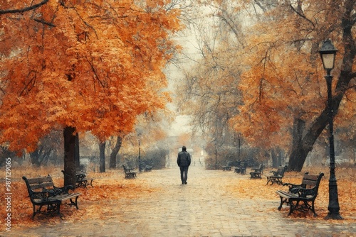 Serene Solitude - Watercolor Painting of Lone Figure Amid Autumn Trees and Benches in Park