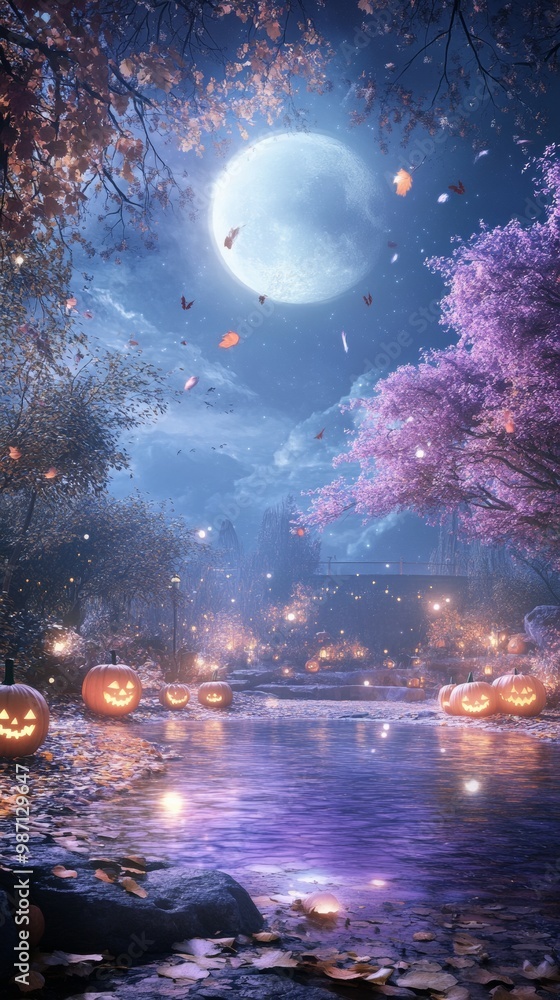 Floating Jack o Lanterns glowing purple surrounded by spooky fog Floating Jack o Lanterns glowing purple surrounded by spooky fog