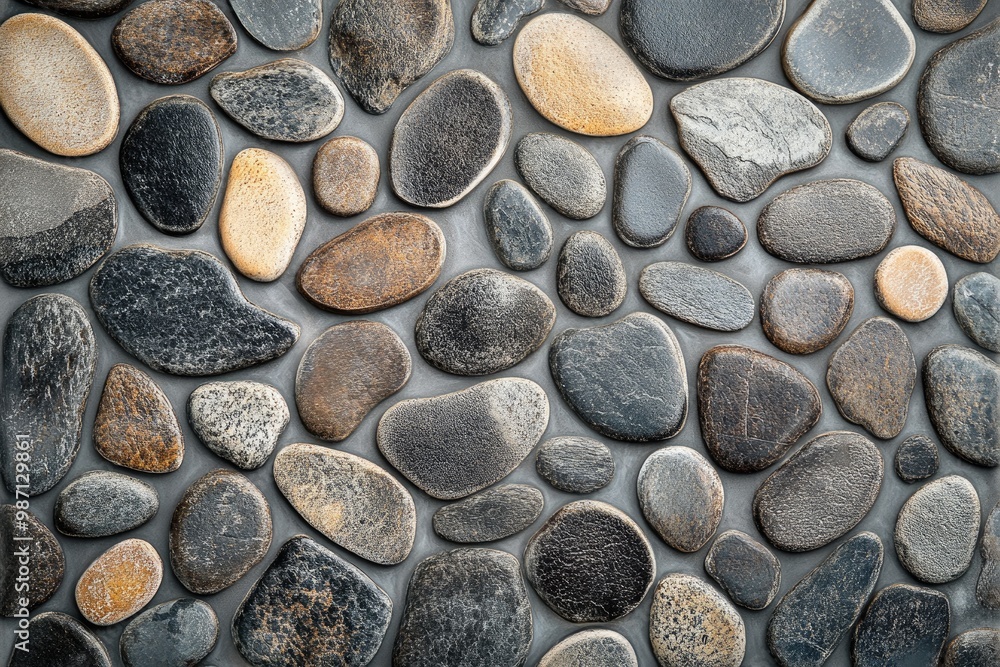 Smooth pebble texture in shades of gray and brown, arranged in a pattern Smooth pebble texture in shades of gray and brown, arranged in a pattern