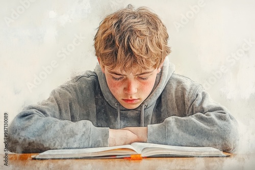 Vulnerable Teen Boy Sitting Anxiously at School Desk in Watercolor Style with Soft Background