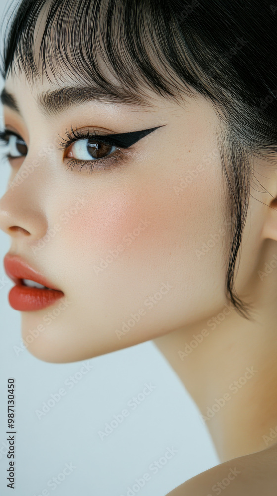 A close-up view of a woman showcasing elegant makeup with striking eyeliner and soft blush against a plain background A close-up view of a woman showcasing elegant makeup with striking eyeliner and soft blush against a plain background