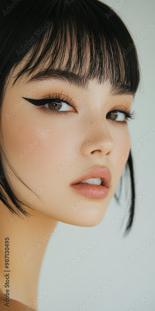 A close-up of a young woman showcasing elegant makeup with striking eyeliner, against a softly lit background A close-up of a young woman showcasing elegant makeup with striking eyeliner, against a softly lit background