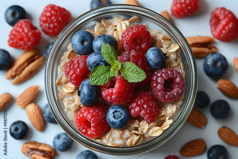 Fresh Berry Oatmeal Breakfast Bowl with Raspberries, Blueberries, Mint, and Nuts, perfect for Healthy Eating and Nutrition Concepts Fresh Berry Oatmeal Breakfast Bowl with Raspberries, Blueberries, Mint, and Nuts, perfect for Healthy Eating and Nutrition Concepts