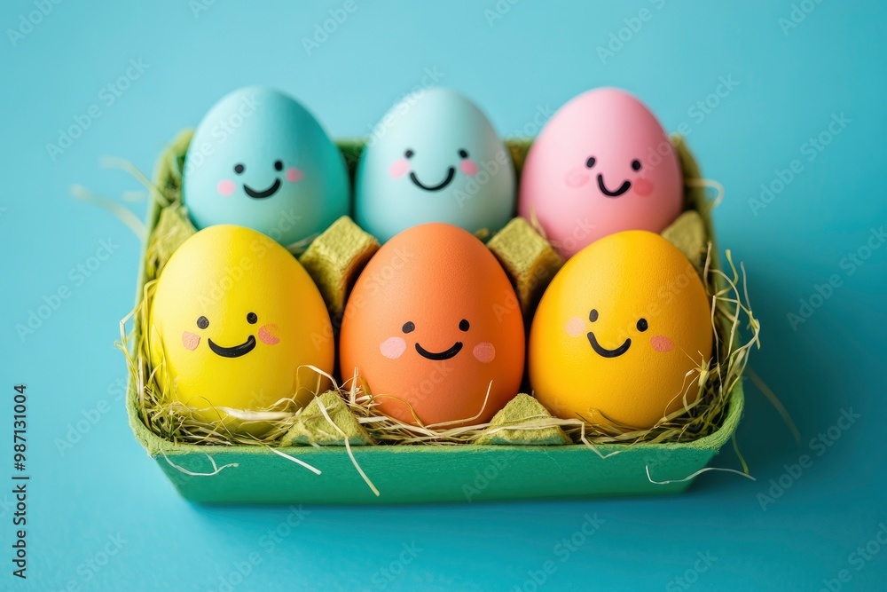 Cute easter eggs with funny faces in green box isolated on light blue background. Happy easter concept. Painted Easter eggs , ai Cute easter eggs with funny faces in green box isolated on light blue background. Happy easter concept. Painted Easter eggs , ai