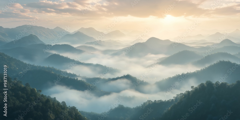 Obraz premium Picturesque panorama of mountains in fog and cloudsin a beautiful sunrise light. Based on Generative AI