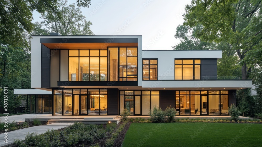 Fototapeta premium Modern house reconstruction features sleek lines, expansive windows, and bold accents