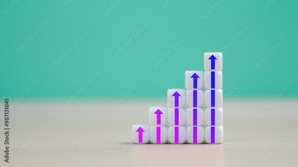 Business achievement goal, Ladder career path for business growth success process concept.Hand arranging stacking as step stair with arrow up.