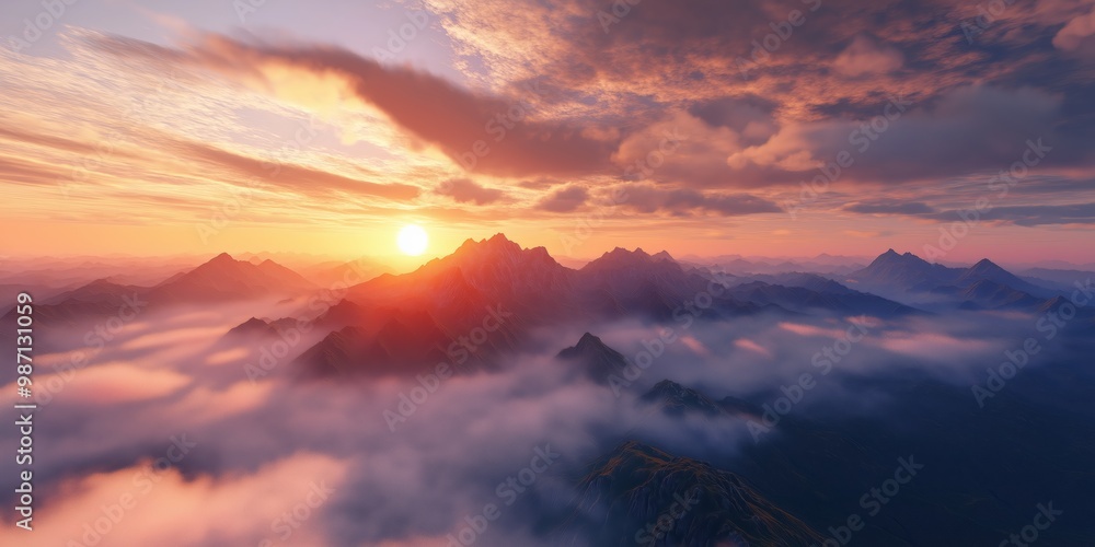 Picturesque panorama of mountains in fog and cloudsin a beautiful sunrise light. Based on Generative AI Picturesque panorama of mountains in fog and cloudsin a beautiful sunrise light. Based on Generative AI