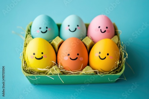 Cute easter eggs with funny faces in green box isolated on light blue background. Happy easter concept. Painted Easter eggs , ai