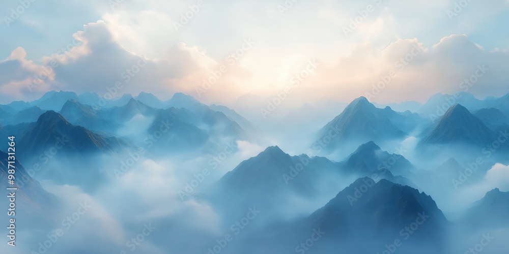 Picturesque panorama of mountains in fog and cloudsin a beautiful sunrise light. Based on Generative AI Picturesque panorama of mountains in fog and cloudsin a beautiful sunrise light. Based on Generative AI