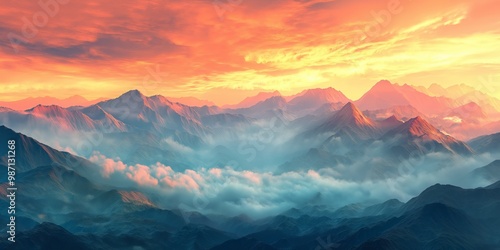 Picturesque panorama of mountains in fog and cloudsin a beautiful sunrise light. Based on Generative AI photo