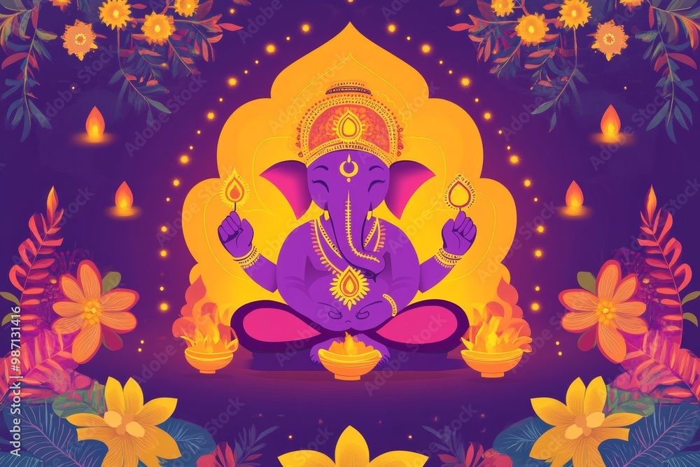 Fototapeta premium abstract background Diwali festival of India. cartoon style, draw by illustrator.add the big Ganesh. purple shade, orang, yellow tone