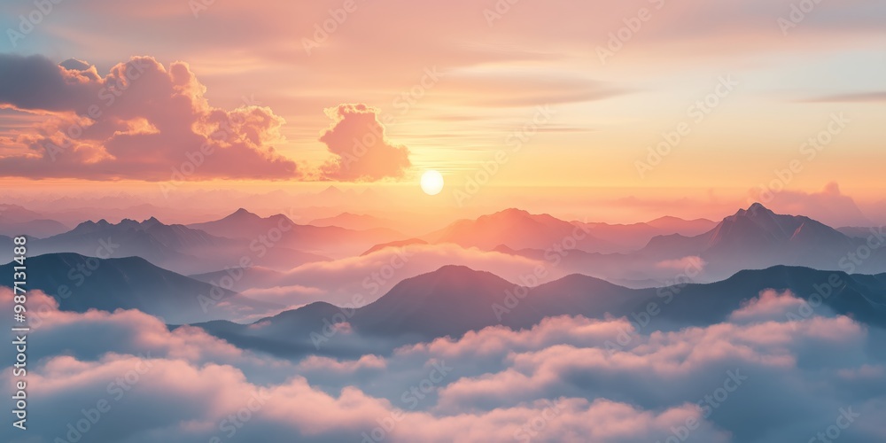 Picturesque panorama of mountains in fog and cloudsin a beautiful sunrise light. Based on Generative AI Picturesque panorama of mountains in fog and cloudsin a beautiful sunrise light. Based on Generative AI