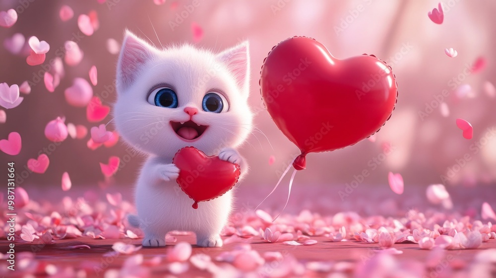 Adorable chubby white kitten, oversized head, huge sparkling blue eyes, tiny pink nose, open smiling mouth, holding large red heart balloon, AI Generative Adorable chubby white kitten, oversized head, huge sparkling blue eyes, tiny pink nose, open smiling mouth, holding large red heart balloon, AI Generative