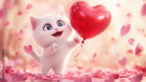 Adorable chubby white kitten, oversized head, huge sparkling blue eyes, tiny pink nose, open smiling mouth, holding large red heart balloon, AI Generative