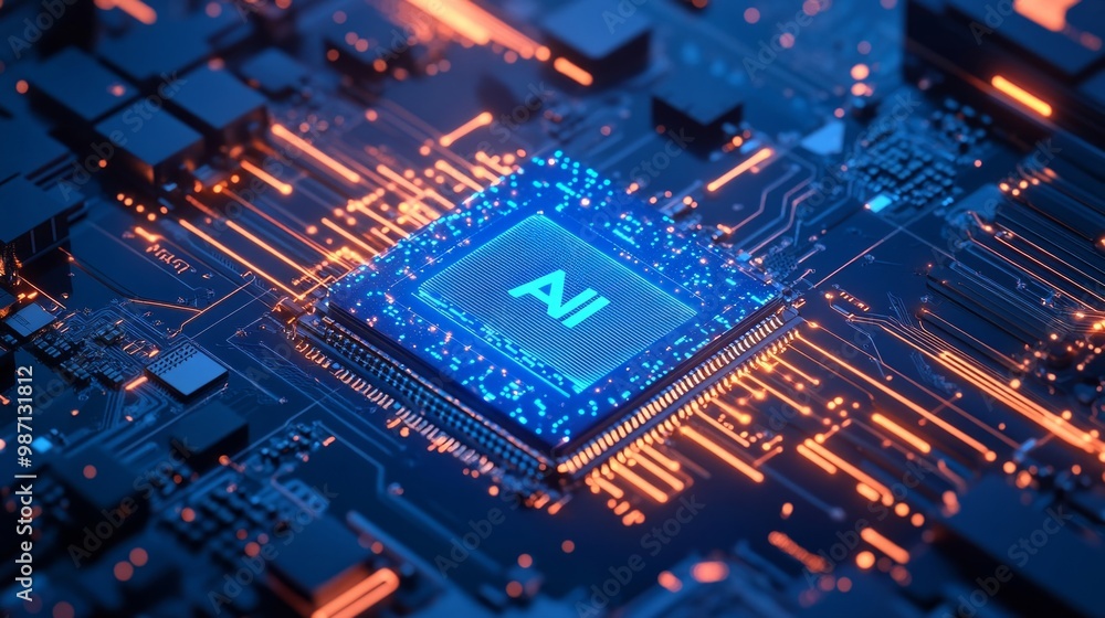 AI Computer chip in abstract digital hand five fingers. Artificial Intelligence innovation concept. Tech background. CPU chip in top view with AI lett, AI Generative AI Computer chip in abstract digital hand five fingers. Artificial Intelligence innovation concept. Tech background. CPU chip in top view with AI lett, AI Generative