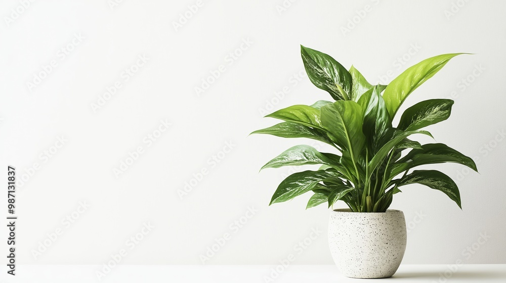 Green plant in vase on white background with text space Image has noise and grain Green plant in vase on white background with text space Image has noise and grain