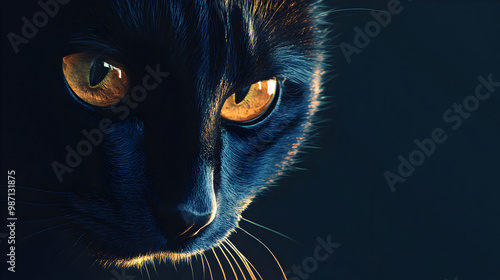 Close-up of a Black Cat’s Eyes in Low Light, Capturing the Intense Gaze and Reflective Detail of a Mysterious Feline