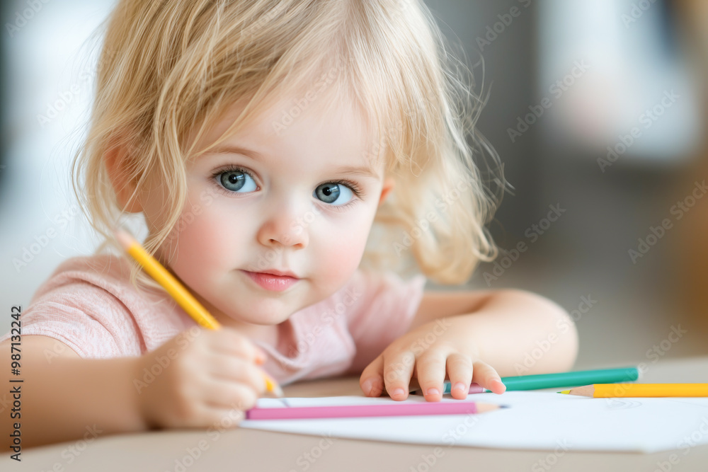A cute toddler enjoys drawing with colorful pencils, showcasing creativity and innocence in a bright, artistic setting. A cute toddler enjoys drawing with colorful pencils, showcasing creativity and innocence in a bright, artistic setting.