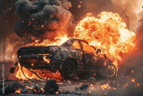 ai generative car explodes and burns