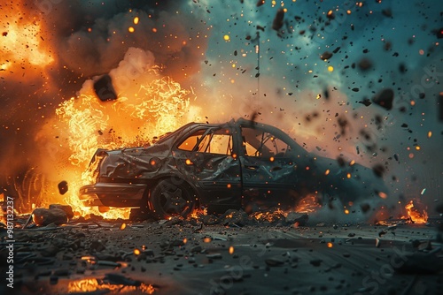 ai generative car explodes and burns