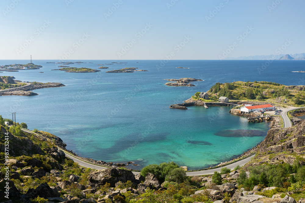Ocean view on the rocky shore near Henningsvaer city, Lofoten Norway Ocean view on the rocky shore near Henningsvaer city, Lofoten Norway