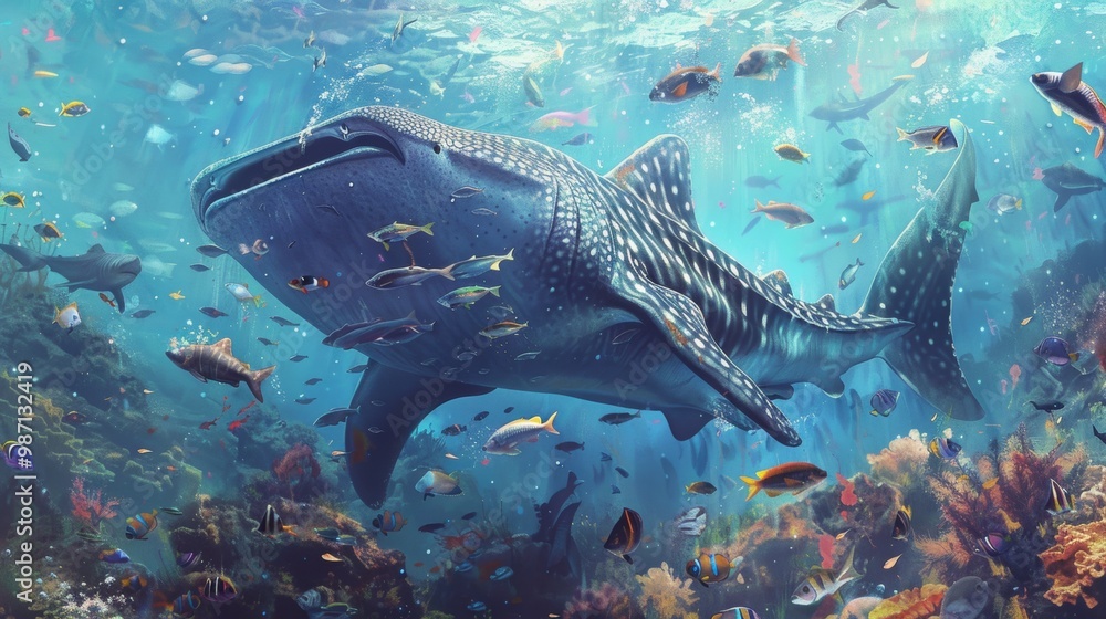 Majestic Whale Shark Gliding Through Vibrant Coral Reef Ecosystem Majestic Whale Shark Gliding Through Vibrant Coral Reef Ecosystem