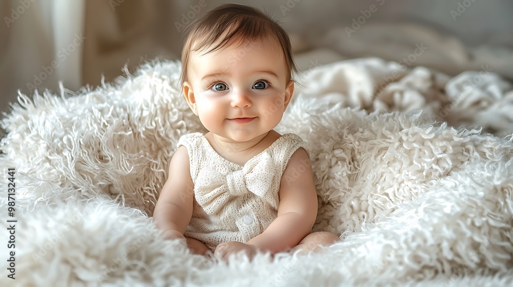 A baby girl sits on a white furry blanket, her eyes wide with curiosity. A baby girl sits on a white furry blanket, her eyes wide with curiosity.