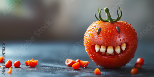 Digital illustration of tomato monster scene, A monster character design, monster futuristic pose. Concept art science fiction creepy alien character, Generative AI photo