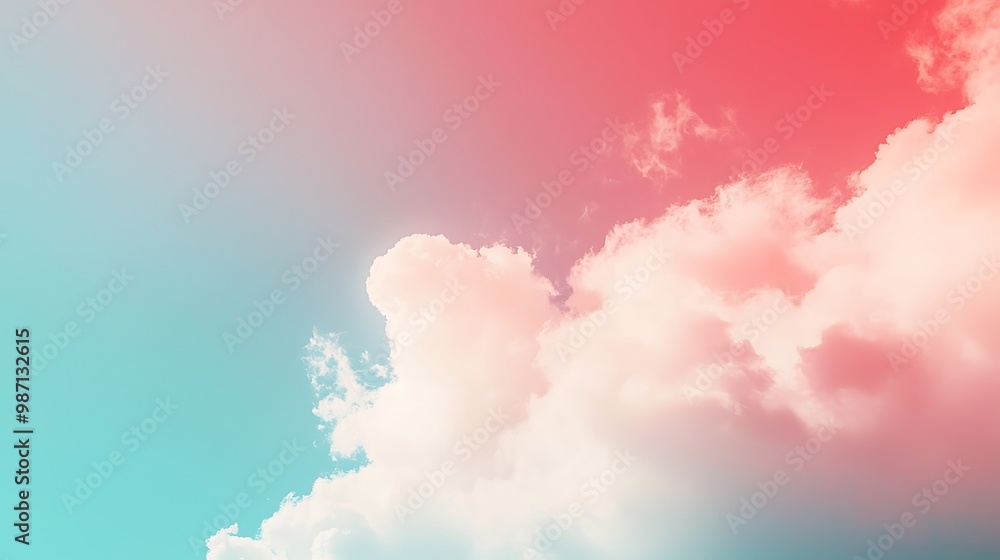 A pastel pink and blue sky stretches above, filled with fluffy clouds drifting lazily. A pastel pink and blue sky stretches above, filled with fluffy clouds drifting lazily.