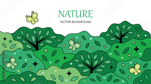 Nature background. Go green concept. Ecology and save the planet theme. Simple illustration style. Poster, banner vector design. Green landscape with trees, shrubs and butterflies.