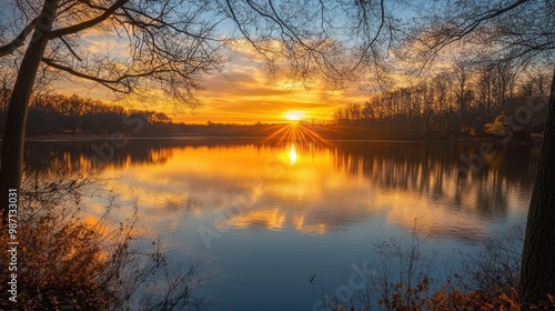 lake at sunset, with its calm waters perfectly mirroring the warm, radiant sky