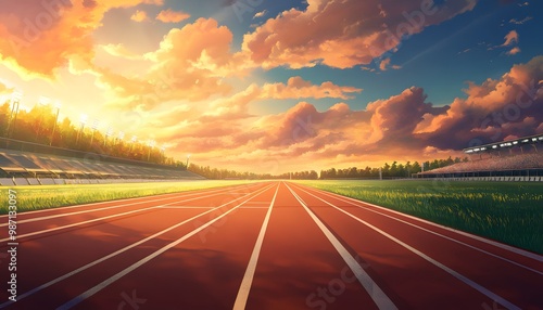 A Red Running Track at Sunset with a Stadium in the Background