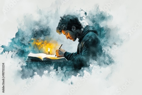 Serene Moments: Man Managing Stress Through Journaling by Candlelight in Watercolor Style