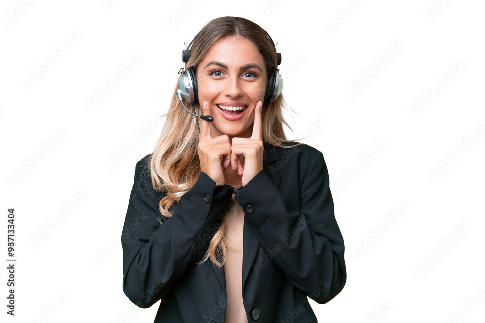 Telemarketer pretty Uruguayan woman working with a headset over isolated background smiling with a happy and pleasant expression Telemarketer pretty Uruguayan woman working with a headset over isolated background smiling with a happy and pleasant expression
