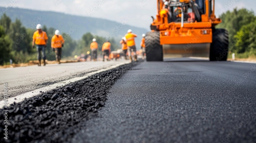 A group of construction workers are working on a road