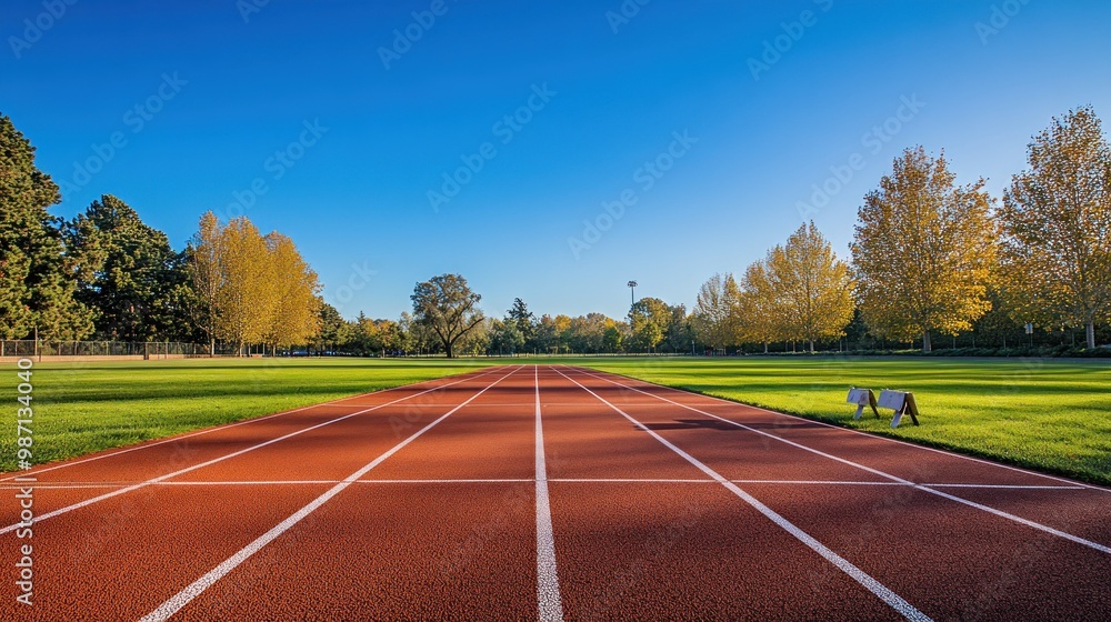 pristine running track under a clear blue sky. The track stretches out in front of the viewer, with white lines marking the lanes and a starting block positioned pristine running track under a clear blue sky. The track stretches out in front of the viewer, with white lines marking the lanes and a starting block positioned