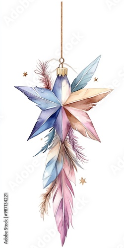 Feathered Christmas star clipart, bohoinspired design, watercolor illustration, soft pastel colors, isolated on white background photo