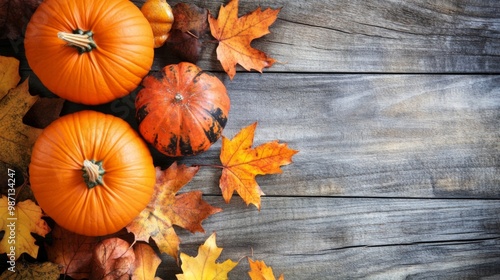 Wallpaper Mural Autumn-themed arrangement of pumpkins and leaves on a wooden surface, AI Generative Torontodigital.ca
